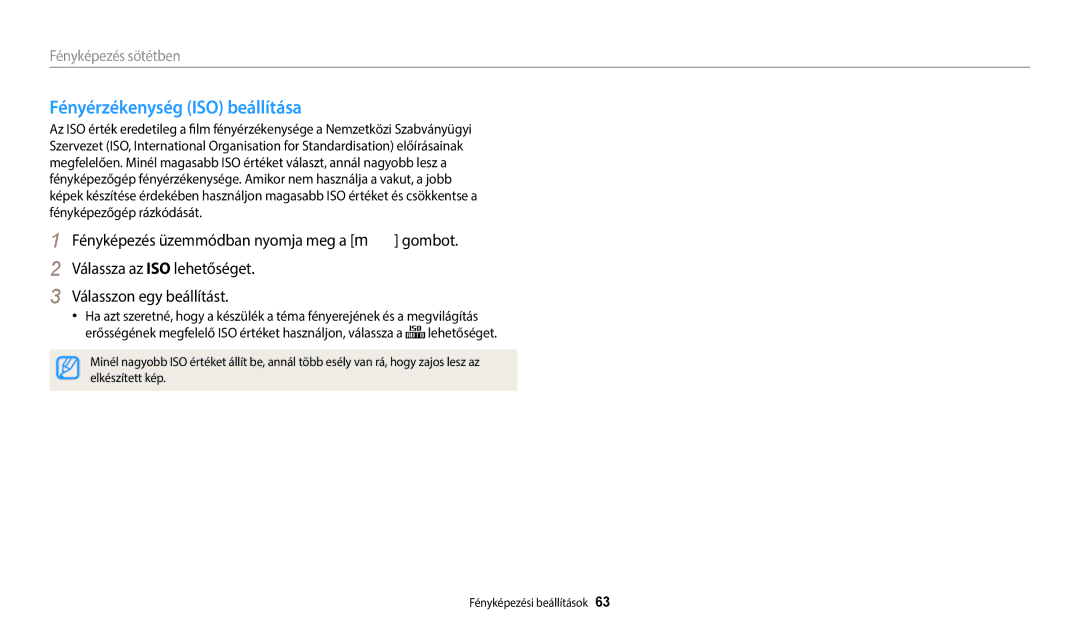 Samsung EC-ST150FBPWE2, EC-ST150FBPWE3, EC-ST72ZZBPLE3, EC-ST72ZZBPRE3, EC-ST150FBPSE3 manual Fényérzékenység ISO beállítása 