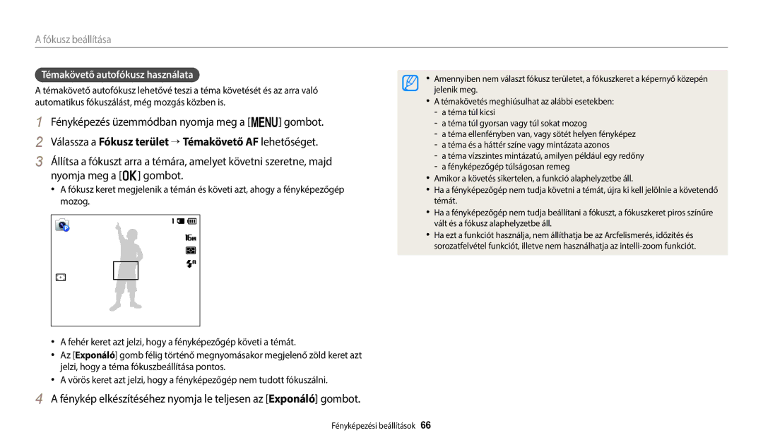 Samsung EC-ST73ZZBDBE3, EC-ST150FBPWE3 manual Fényképezés üzemmódban nyomja meg a m gombot, Témakövető autofókusz használata 