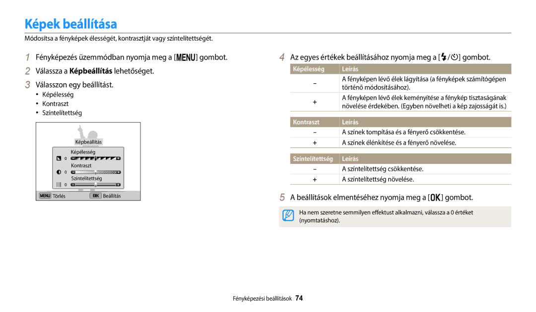 Samsung EC-ST150FBPBE3 Képek beállítása, Az egyes értékek beállításához nyomja meg a F/t gombot, Képélesség, Kontraszt 