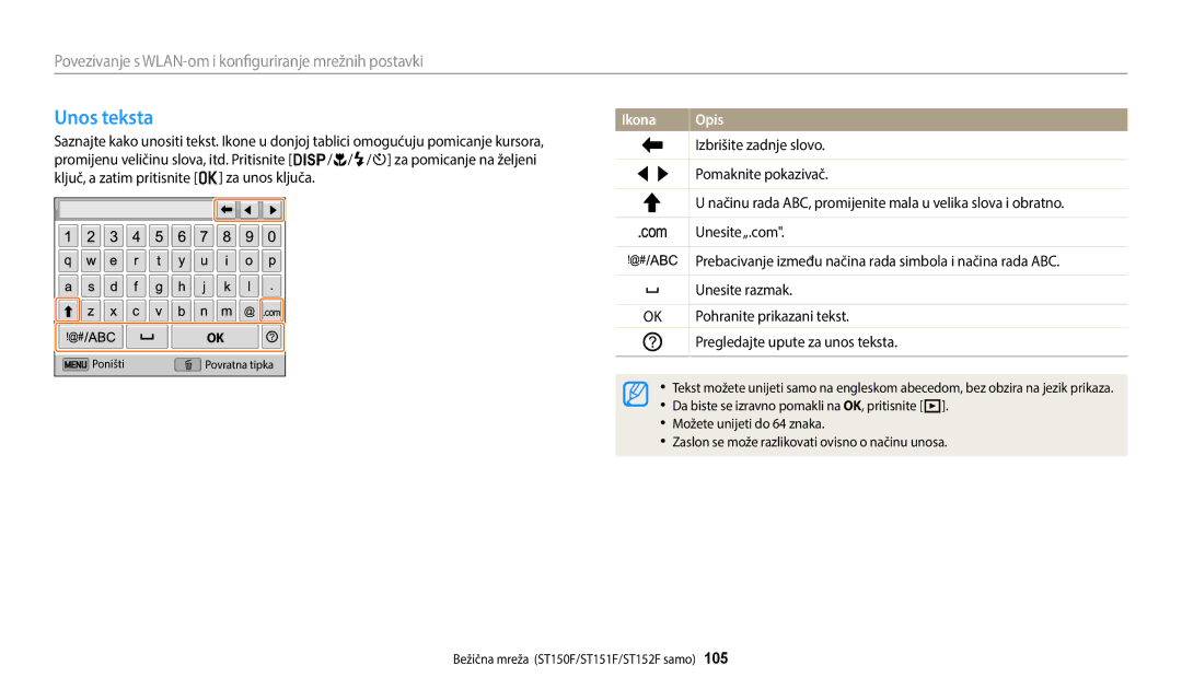 Samsung EC-ST72ZZBPRE3, EC-ST150FBPWE3, EC-ST72ZZBPLE3, EC-ST150FBPSE3, EC-ST72ZZBPBE3, EC-ST150FBPBE3 manual Unos teksta 