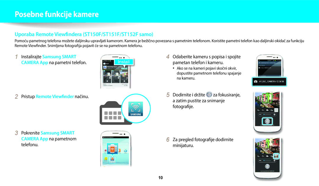 Samsung EC-ST150FBPSE3, EC-ST150FBPWE3, EC-ST72ZZBPLE3 manual Uporaba Remote Viewfindera ST150F/ST151F/ST152F samo, Telefonu 