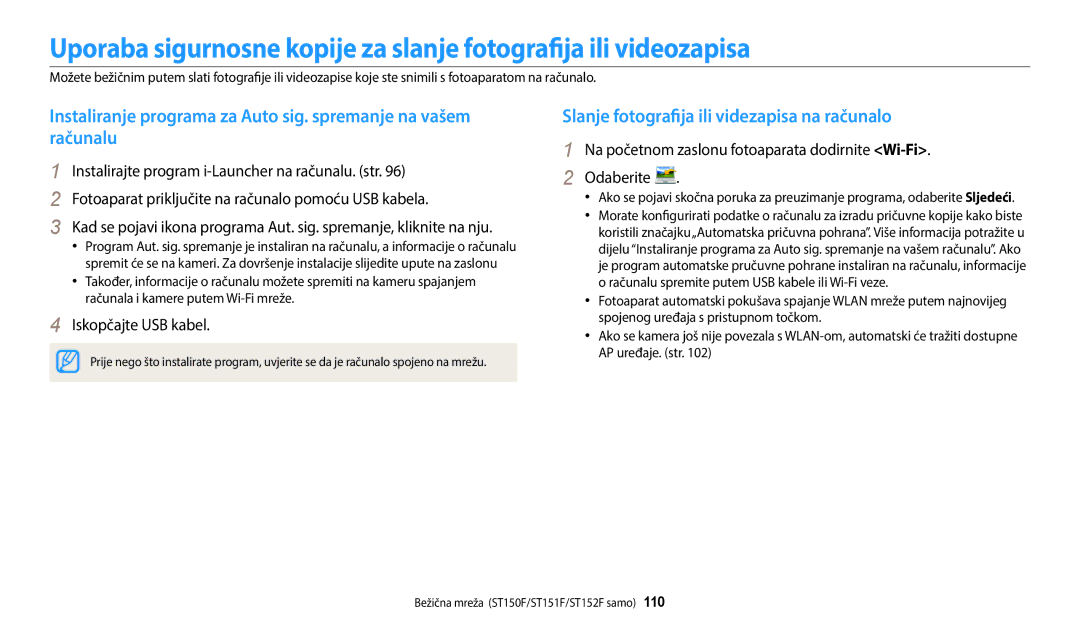 Samsung EC-ST150FBPPE3, EC-ST150FBPWE3, EC-ST72ZZBPLE3, EC-ST72ZZBPRE3 manual Slanje fotografija ili videzapisa na računalo 