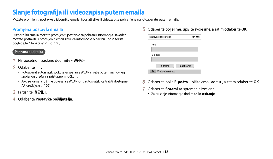 Samsung EC-ST72ZZBPLE3, EC-ST150FBPWE3 manual Slanje fotografija ili videozapisa putem emaila, Promjena postavki emaila 