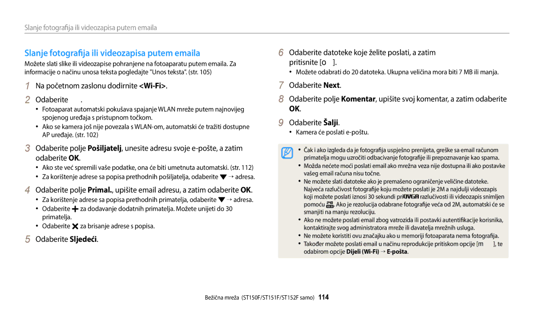 Samsung EC-ST150FBPSE3, EC-ST150FBPWE3 manual Slanje fotografija ili videozapisa putem emaila, Kamera će poslati e-poštu 