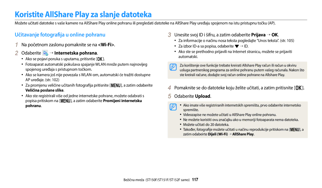 Samsung EC-ST72ZZBPWE3, EC-ST150FBPWE3 Koristite AllShare Play za slanje datoteka, Učitavanje fotografija u online pohranu 