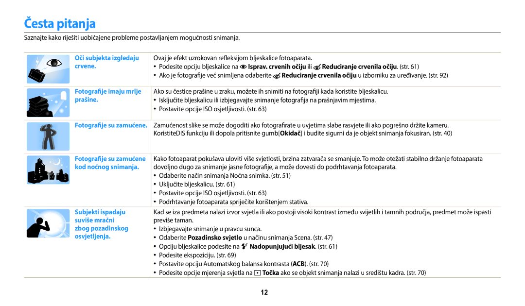 Samsung EC-ST150FBPBE3, EC-ST150FBPWE3 manual Česta pitanja, Reduciranje crvenila očiju. str, Nadopunjujući bljesak. str 