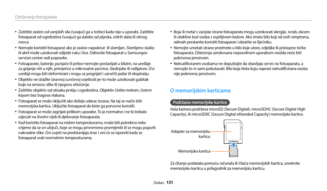 Samsung EC-ST72ZZBPBE3, EC-ST150FBPWE3 manual Memorijskim karticama, Podržane memorijske kartice, Memorijska kartica 