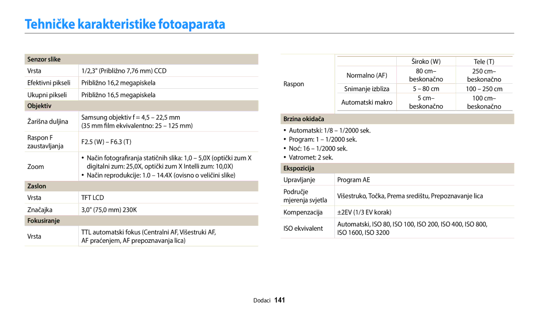 Samsung EC-ST72ZZBPWE3 manual Tehničke karakteristike fotoaparata, Senzor slike, Fokusiranje, Brzina okidača, Ekspozicija 