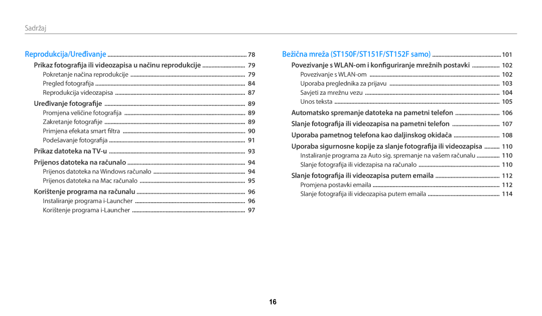 Samsung EC-ST72ZZBPLE3, EC-ST150FBPWE3, EC-ST72ZZBPRE3, EC-ST150FBPSE3, EC-ST72ZZBPBE3, EC-ST150FBPBE3, EC-ST72ZZBPWE3 Sadržaj 