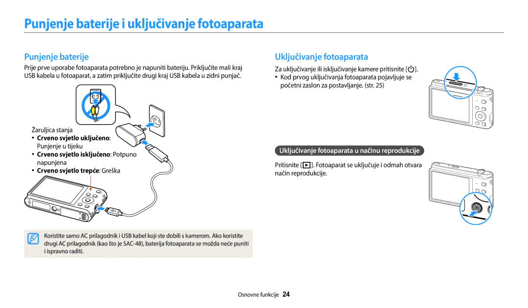 Samsung EC-ST72ZZBPLE3, EC-ST150FBPWE3 manual Punjenje baterije i uključivanje fotoaparata, Uključivanje fotoaparata 