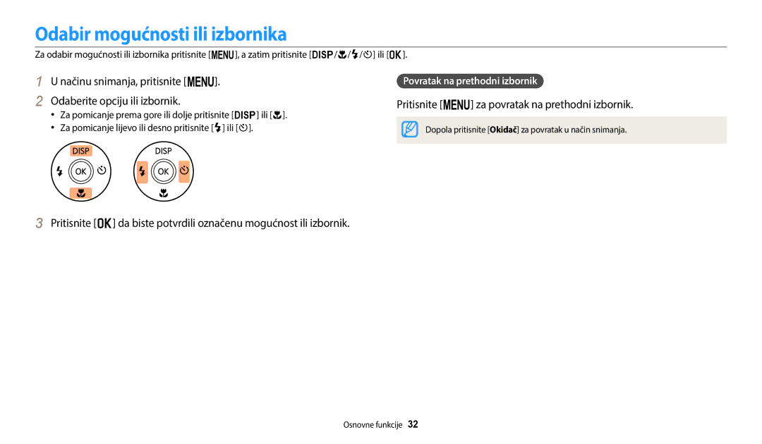 Samsung EC-ST72ZZBPLE3 manual Odabir mogućnosti ili izbornika, Načinu snimanja, pritisnite m Odaberite opciju ili izbornik 