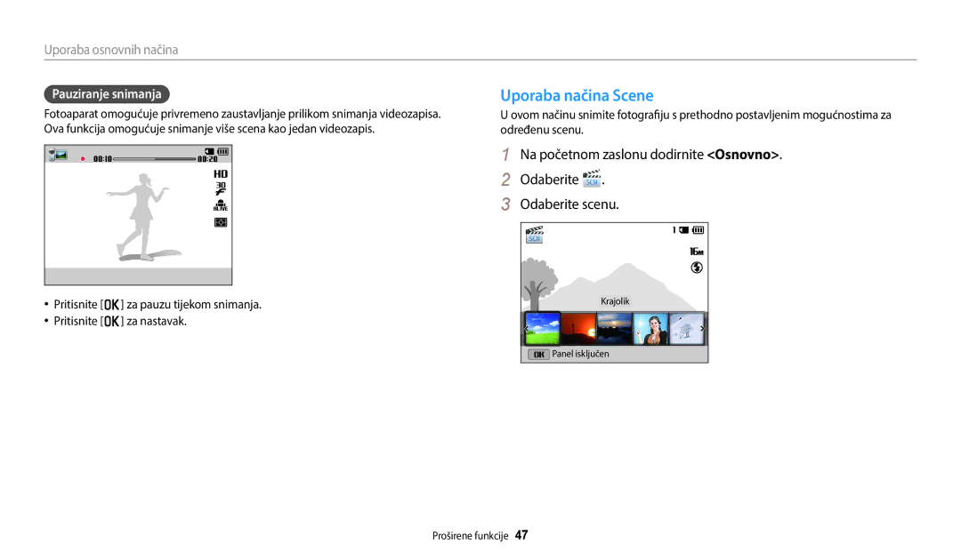 Samsung EC-ST150FBPWE3, EC-ST72ZZBPLE3, EC-ST72ZZBPRE3, EC-ST150FBPSE3 manual Uporaba načina Scene, Pauziranje snimanja 