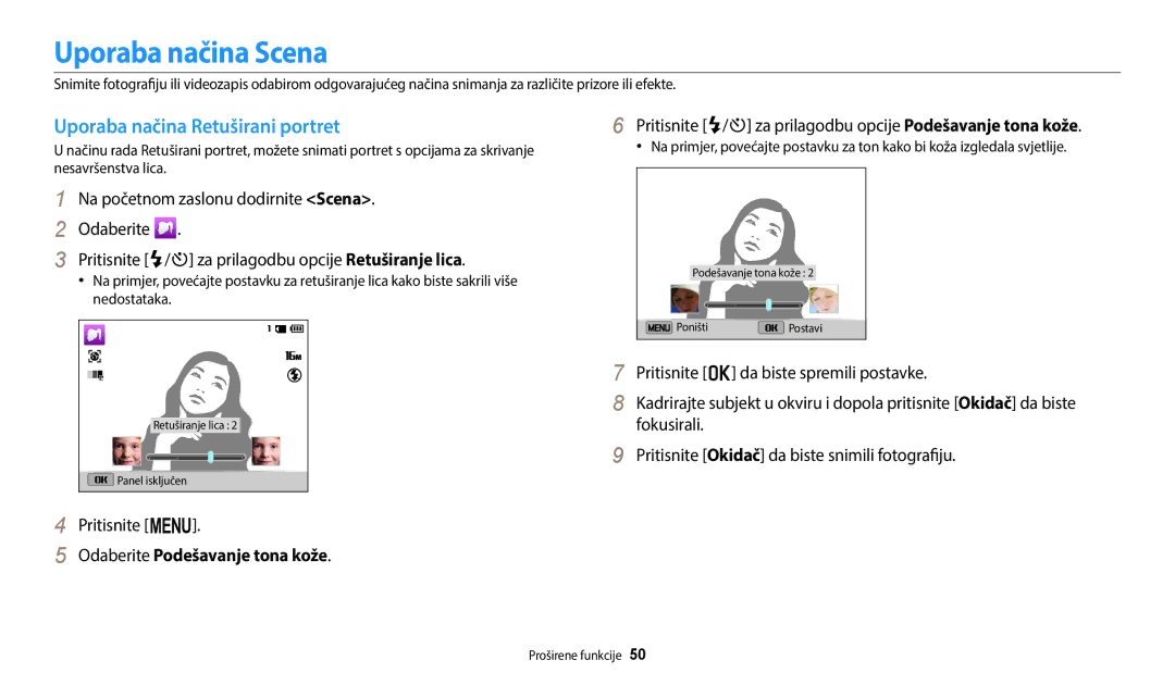 Samsung EC-ST150FBPSE3 manual Uporaba načina Scena, Uporaba načina Retuširani portret, Odaberite Podešavanje tona kože 