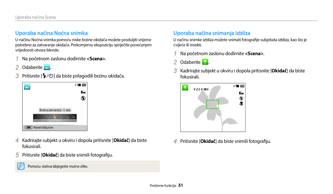 Samsung EC-ST72ZZBPBE3, EC-ST150FBPWE3, EC-ST72ZZBPLE3 manual Uporaba načina Noćna snimka, Uporaba načina snimanja izbliza 