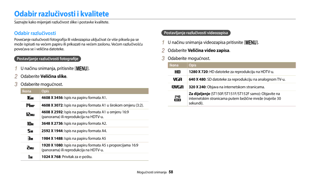Samsung EC-ST150FBPSE3 Odabir razlučivosti i kvalitete, Odaberite Veličina slike, Načinu snimanja videozapisa pritisnite m 