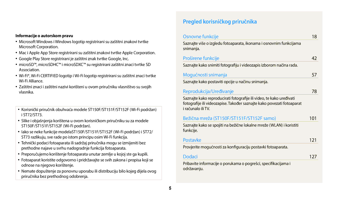 Samsung EC-ST72ZZBPWE3, EC-ST150FBPWE3 manual Pregled korisničkog priručnika, 121, 127, Informacije o autorskom pravu 