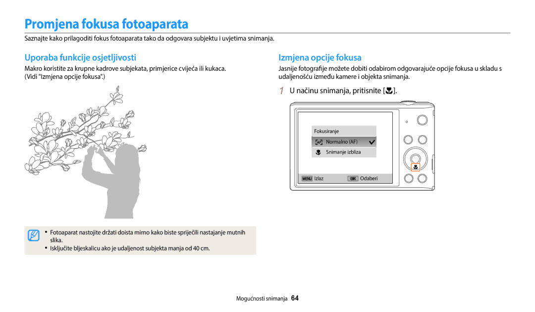 Samsung EC-ST72ZZBPLE3, EC-ST150FBPWE3 Promjena fokusa fotoaparata, Uporaba funkcije osjetljivosti, Izmjena opcije fokusa 