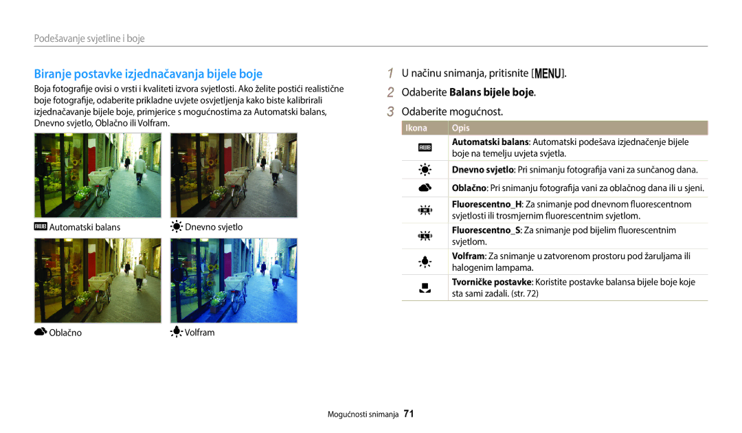 Samsung EC-ST150FBPWE3, EC-ST72ZZBPLE3 manual Biranje postavke izjednačavanja bijele boje, Odaberite Balans bijele boje 