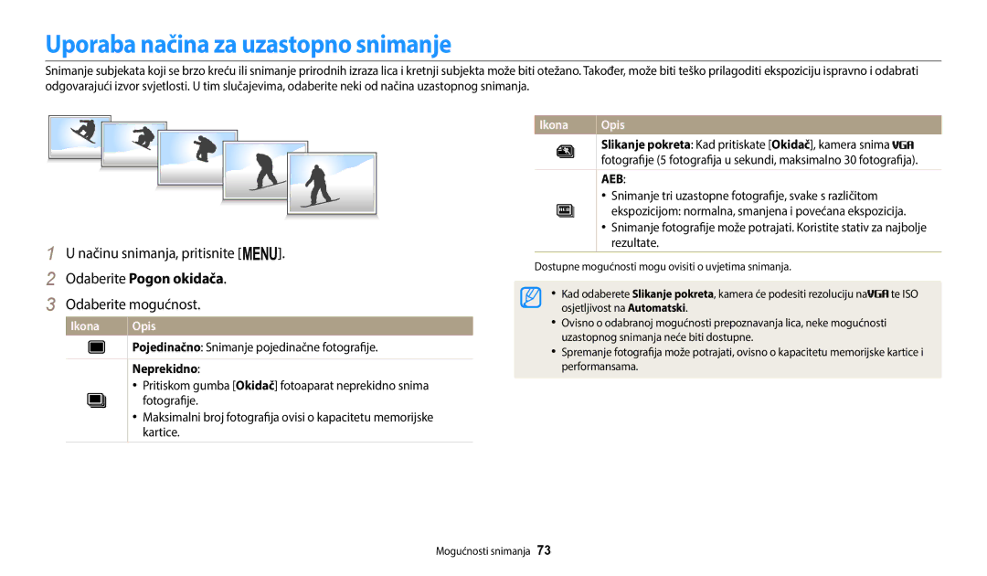 Samsung EC-ST72ZZBPRE3, EC-ST150FBPWE3 manual Uporaba načina za uzastopno snimanje, Odaberite Pogon okidača, Neprekidno 