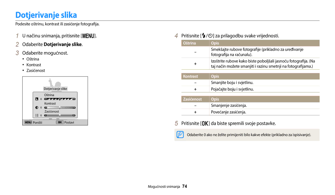 Samsung EC-ST150FBPSE3 Dotjerivanje slika, Odaberite Dotjerivanje slike, Pritisnite F/t za prilagodbu svake vrijednosti 