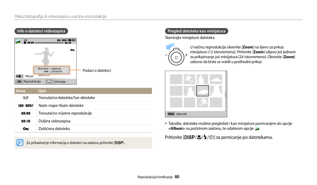 Samsung EC-ST72ZZBPLE3, EC-ST150FBPWE3 manual Pritisnite D/c/F/t za pomicanje po datotekama, Info o datoteci videozapisa 