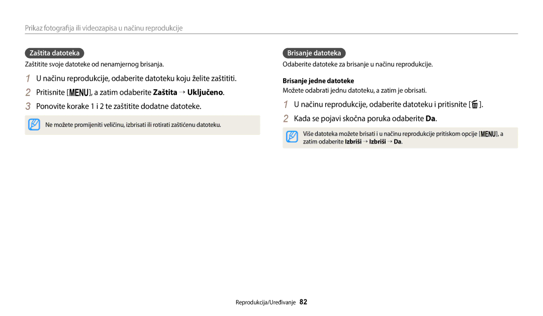 Samsung EC-ST150FBPSE3, EC-ST150FBPWE3, EC-ST72ZZBPLE3 manual Zaštita datoteka, Brisanje datoteka, Brisanje jedne datoteke 