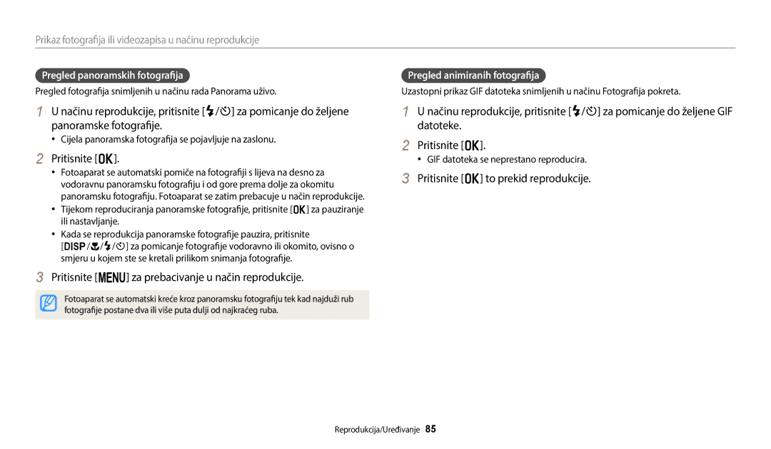 Samsung EC-ST72ZZBPWE3 Pritisnite o, Pritisnite m za prebacivanje u način reprodukcije, Pregled panoramskih fotografija 