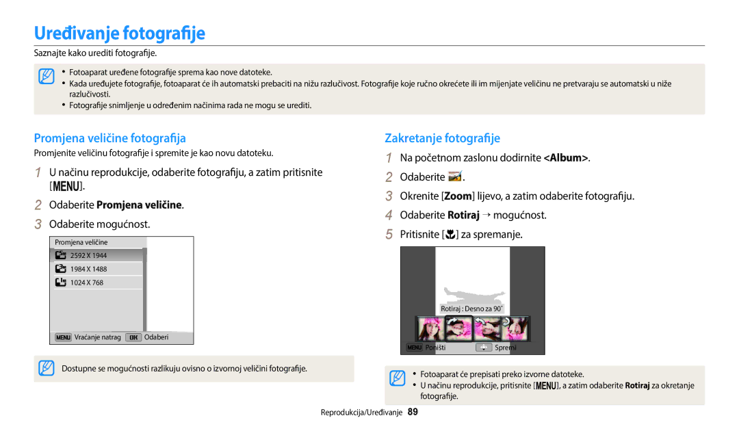 Samsung EC-ST72ZZBPRE3, EC-ST150FBPWE3 manual Uređivanje fotografije, Promjena veličine fotografija Zakretanje fotografije 