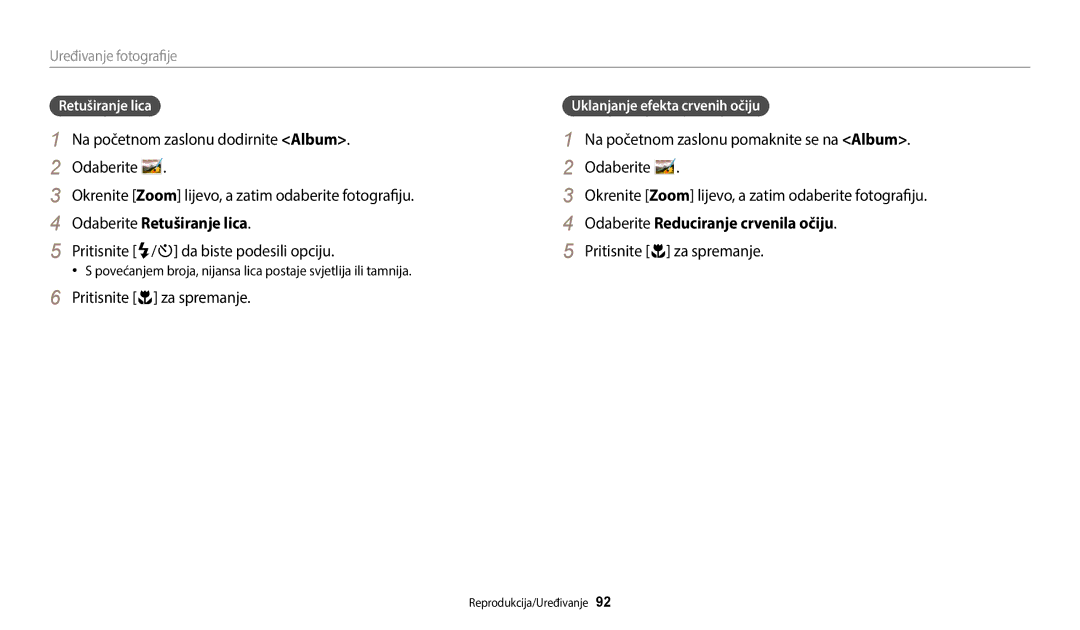 Samsung EC-ST150FBPBE3, EC-ST150FBPWE3, EC-ST72ZZBPLE3 Odaberite Retuširanje lica, Pritisnite F/t da biste podesili opciju 