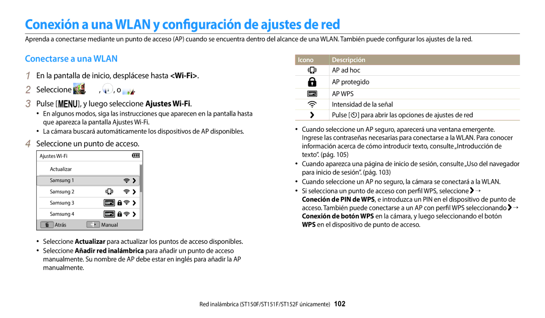 Samsung EC-ST152FBDPE1, EC-ST152FBDWE1 manual Conexión a una Wlan y configuración de ajustes de red, Conectarse a una Wlan 