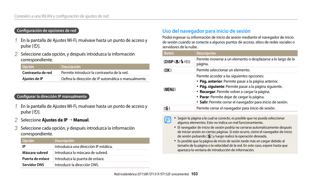 Samsung EC-ST72ZZBPRIL, EC-ST152FBDWE1 manual Uso del navegador para inicio de sesión, Seleccione Ajustes de IP → Manual 