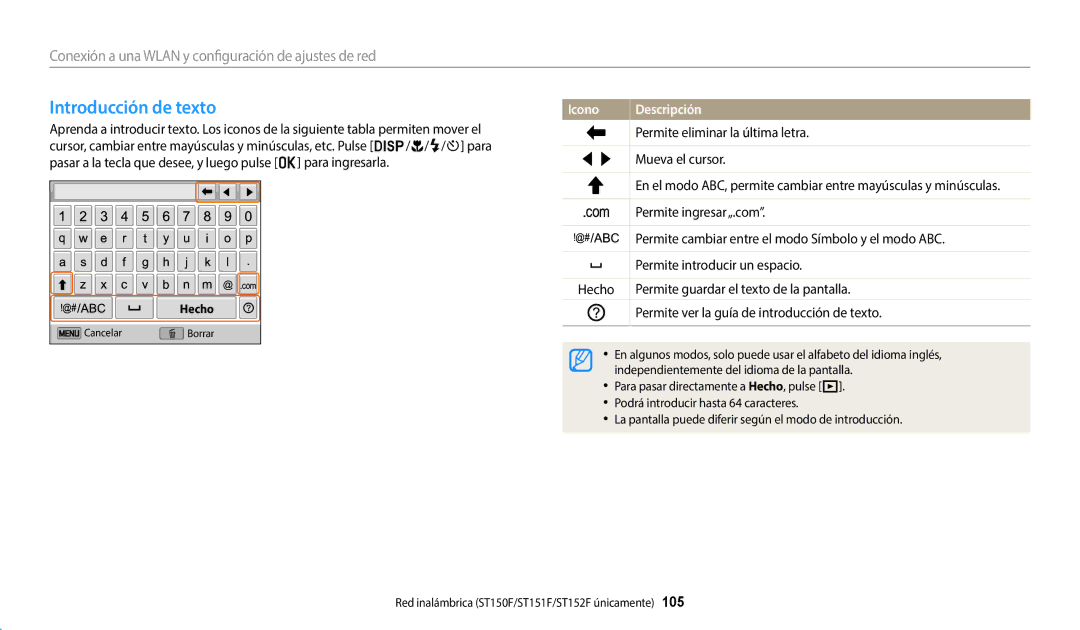 Samsung EC-ST150FBPBIL, EC-ST152FBDWE1, EC-ST72ZZBPWE1, EC-ST150FBPBE1, EC-ST150FBPWE1, EC-ST152FBDBE1 Introducción de texto 