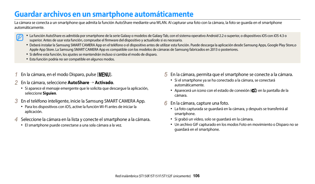 Samsung EC-ST150FBPSIL, EC-ST152FBDWE1 Guardar archivos en un smartphone automáticamente, En la cámara, capture una foto 