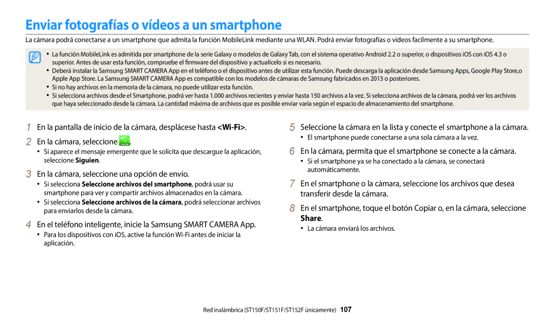 Samsung EC-ST72ZZBPWIL manual Enviar fotografías o vídeos a un smartphone, En la cámara, seleccione una opción de envío 