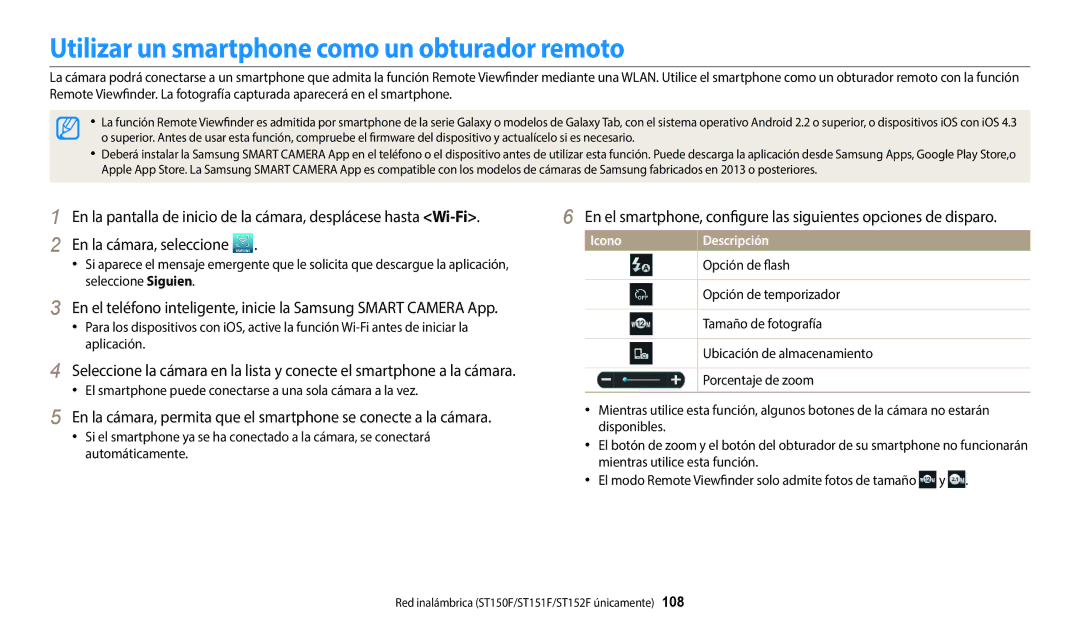 Samsung EC-ST72ZZBPRE1 manual Utilizar un smartphone como un obturador remoto, Opción de flash, Opción de temporizador 