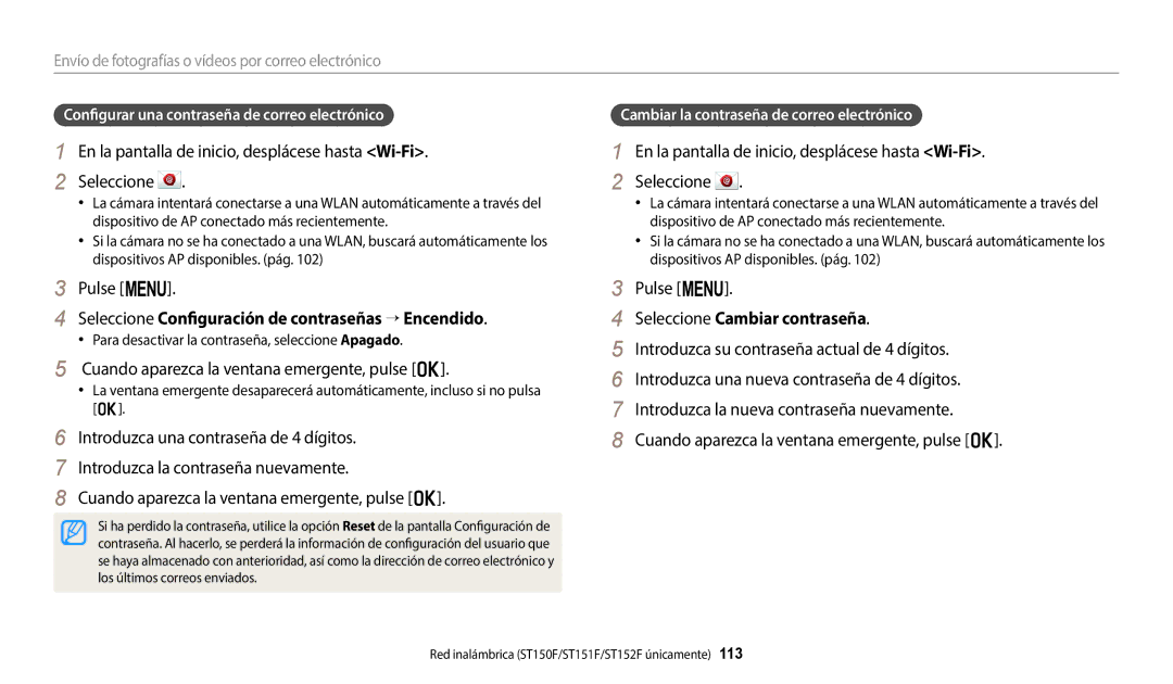 Samsung EC-ST150FBPBE1 Seleccione Configuración de contraseñas → Encendido, Cuando aparezca la ventana emergente, pulse o 