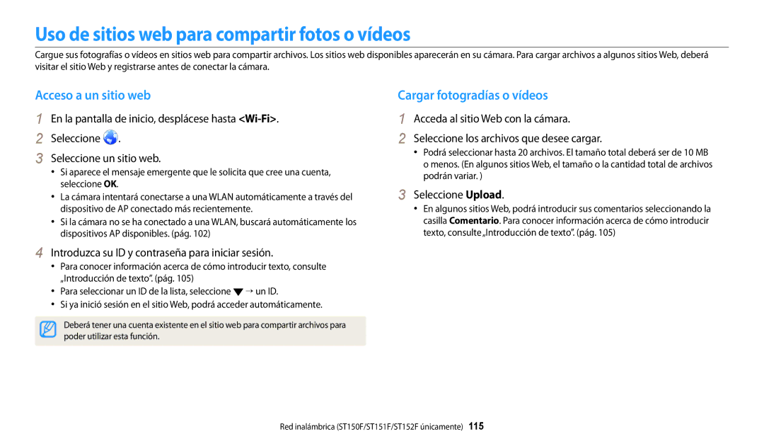 Samsung EC-ST152FBDBE1 Uso de sitios web para compartir fotos o vídeos, Acceso a un sitio web, Cargar fotogradías o vídeos 