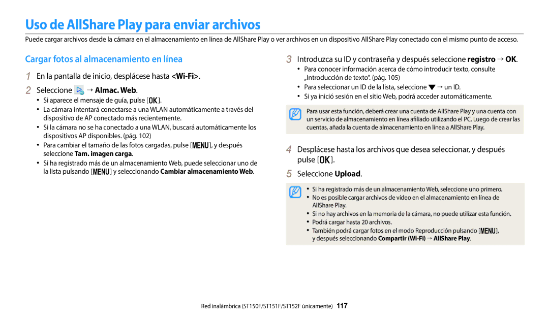 Samsung EC-ST72ZZBPBIL, EC-ST152FBDWE1 Uso de AllShare Play para enviar archivos, Cargar fotos al almacenamiento en línea 