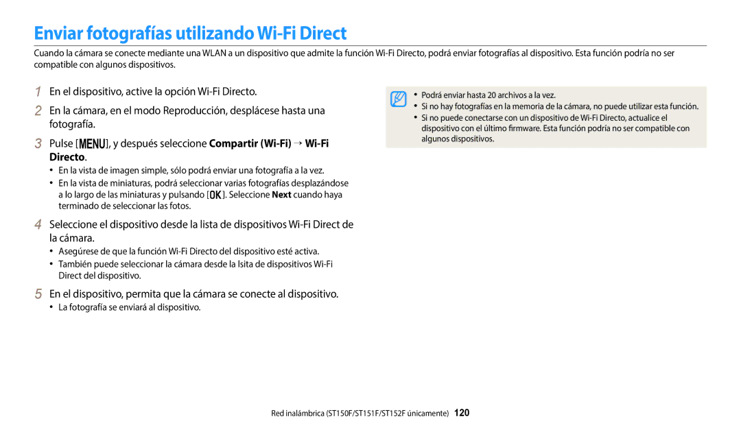 Samsung EC-ST150FBPPIL manual Enviar fotografías utilizando Wi-Fi Direct, Directo, La fotografía se enviará al dispositivo 