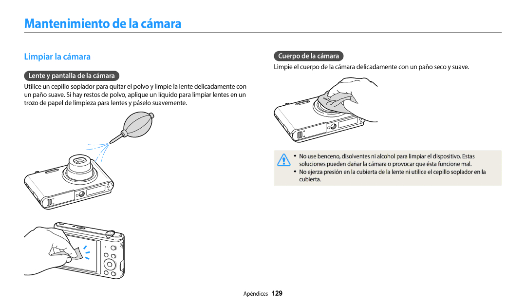 Samsung EC-ST150FBPBE1 Mantenimiento de la cámara, Limpiar la cámara, Lente y pantalla de la cámara, Cuerpo de la cámara 