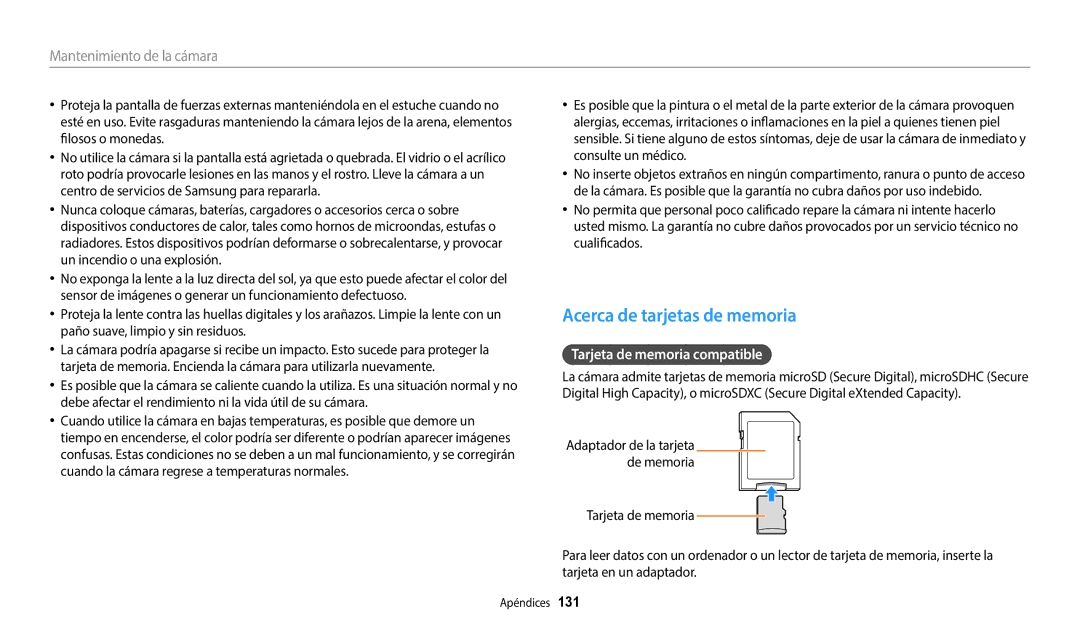 Samsung EC-ST152FBDBE1, EC-ST152FBDWE1, EC-ST72ZZBPWE1 manual Acerca de tarjetas de memoria, Tarjeta de memoria compatible 