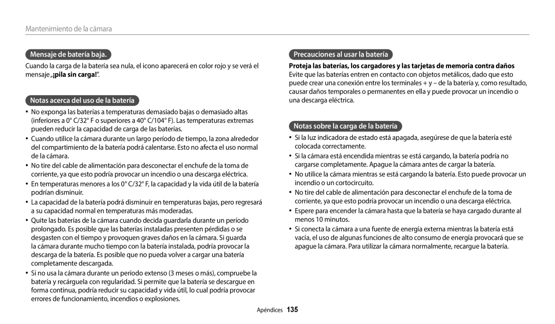 Samsung EC-ST72ZZBPRIL manual Mensaje de batería baja, Notas acerca del uso de la batería, Precauciones al usar la batería 