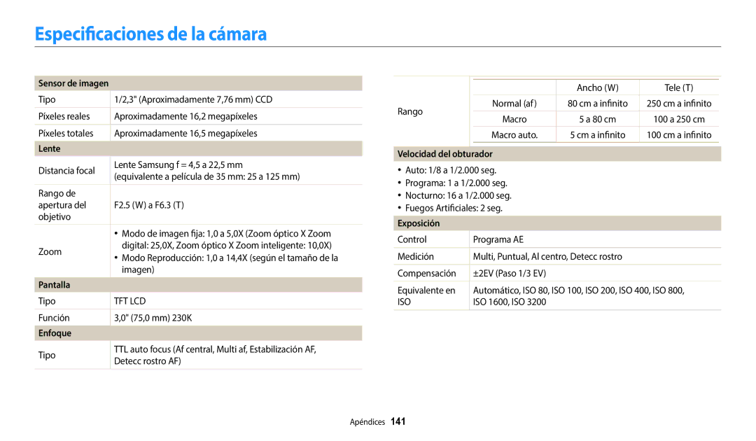 Samsung EC-ST72ZZBPLIL manual Especificaciones de la cámara, Sensor de imagen, Enfoque, Velocidad del obturador, Exposición 