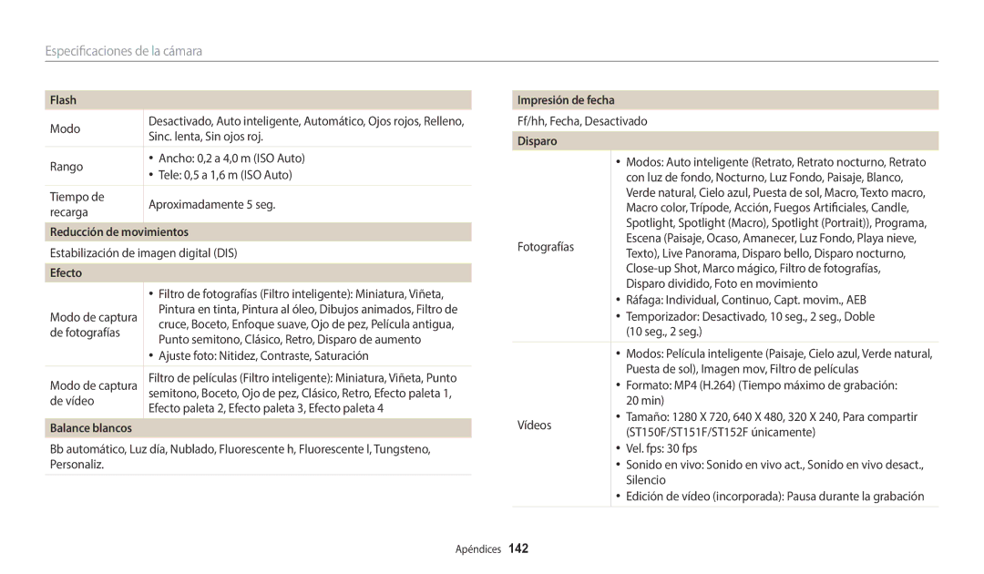 Samsung EC-ST150FBPWIL, EC-ST152FBDWE1, EC-ST72ZZBPWE1 manual Flash, Reducción de movimientos, Efecto, Impresión de fecha 