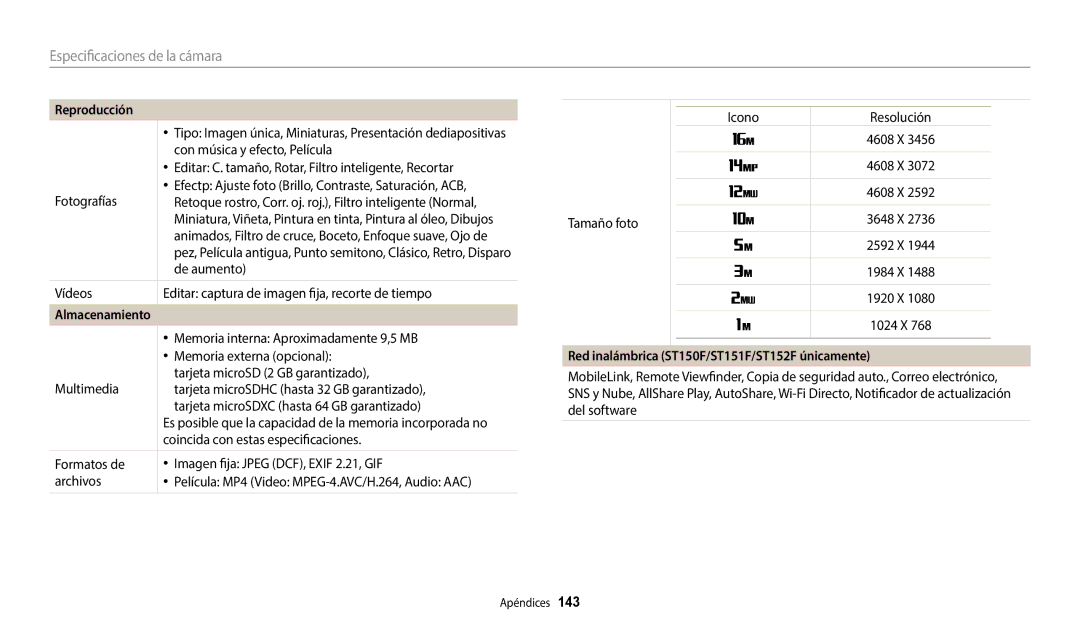 Samsung EC-ST152FBDWE1, EC-ST72ZZBPWE1, EC-ST150FBPBE1, EC-ST150FBPWE1 manual Red inalámbrica ST150F/ST151F/ST152F únicamente 