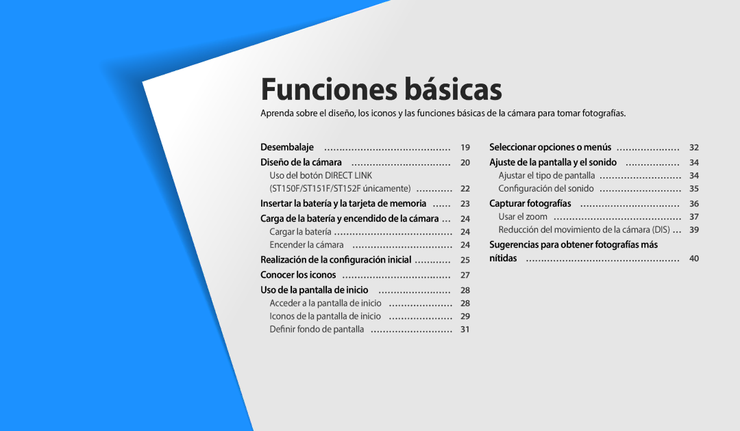 Samsung EC-ST150FBPWE1, EC-ST152FBDWE1, EC-ST72ZZBPWE1, EC-ST150FBPBE1, EC-ST152FBDBE1, EC-ST72ZZBPLE1 manual Funciones básicas 