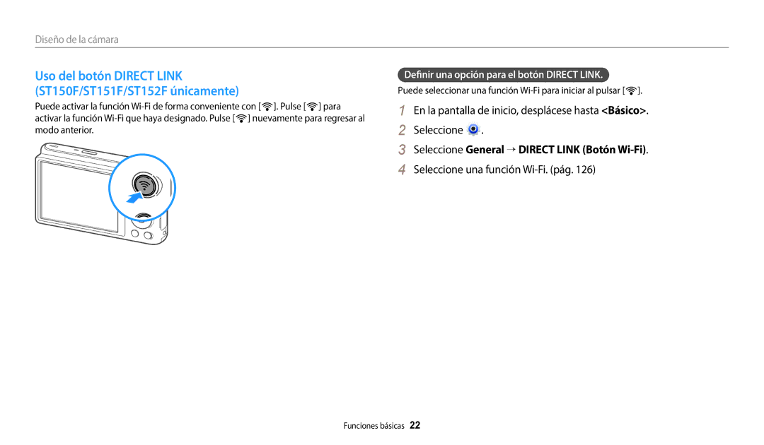 Samsung EC-ST152FBDPE1, EC-ST152FBDWE1 Seleccione General → Direct Link Botón Wi-Fi, Seleccione una función Wi-Fi. pág 