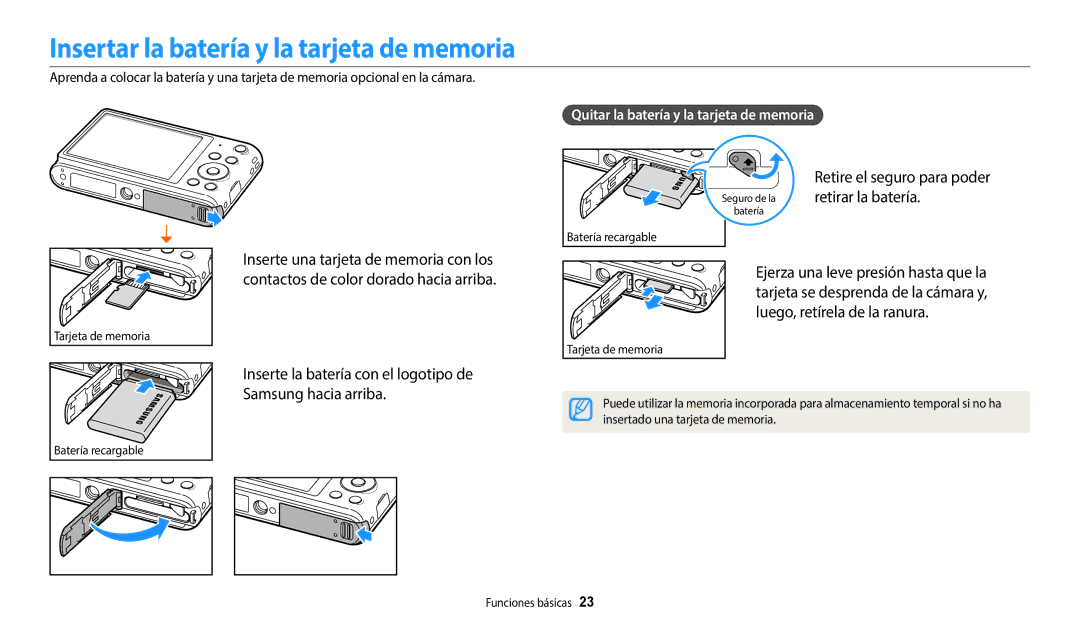 Samsung EC-ST72ZZBPRIL manual Insertar la batería y la tarjeta de memoria, Retire el seguro para poder retirar la batería 