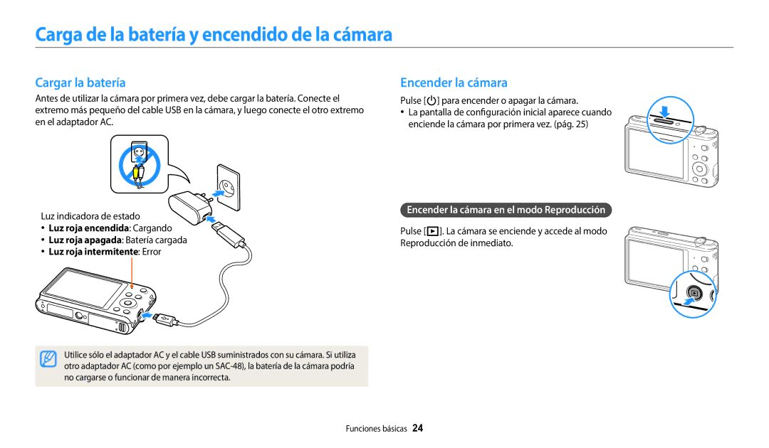 Samsung EC-ST150FBPPIL, EC-ST152FBDWE1 Carga de la batería y encendido de la cámara, Cargar la batería, Encender la cámara 