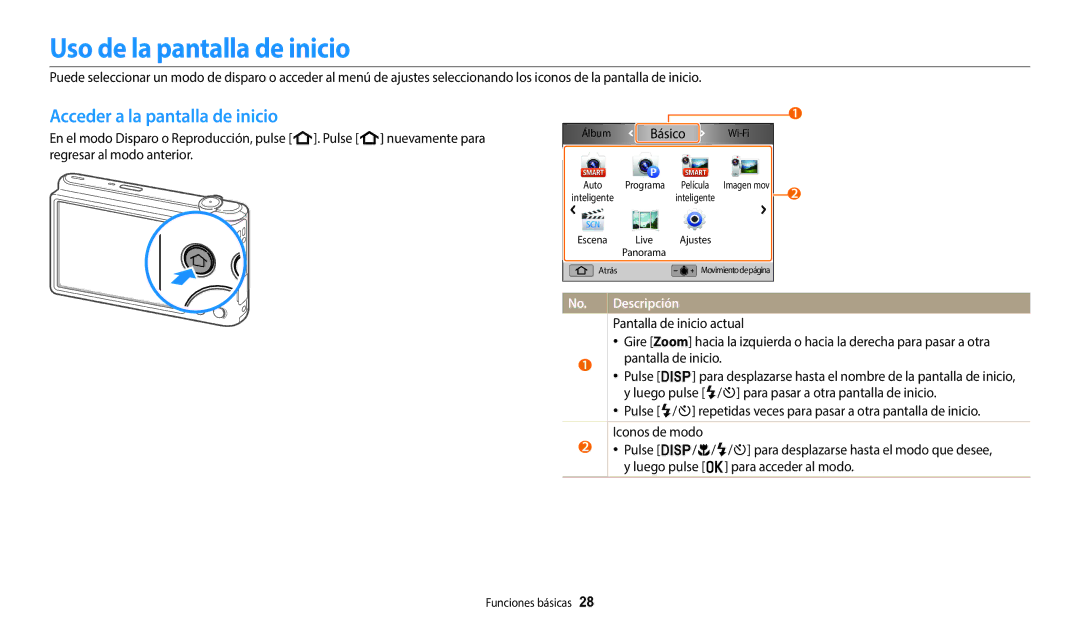 Samsung EC-ST72ZZBPRE1, EC-ST152FBDWE1 manual Uso de la pantalla de inicio, Acceder a la pantalla de inicio, Básico 